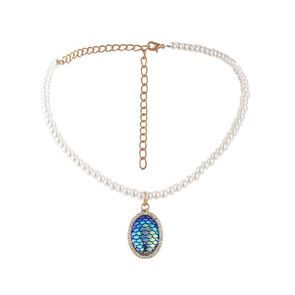 Pearl and Cubic Zirconia Sequin Gold-Plated Fish Scale Pendant Necklace, gold pendant necklace for women, side view
