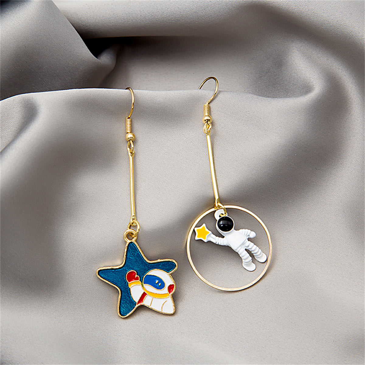 Blue Enamel and 18K Gold-Plated Star Astronaut Drop Earrings, gold drop earrings for women, botanical inspired, front view
