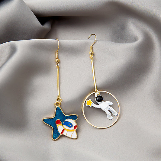 Blue Enamel and 18K Gold-Plated Star Astronaut Drop Earrings, gold drop earrings for women, botanical inspired, front view
