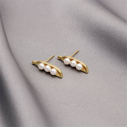 Pearl and 18K Gold-Plated Pea Pod Stud Earrings, gold stud earrings for women, everyday style, detail close-up