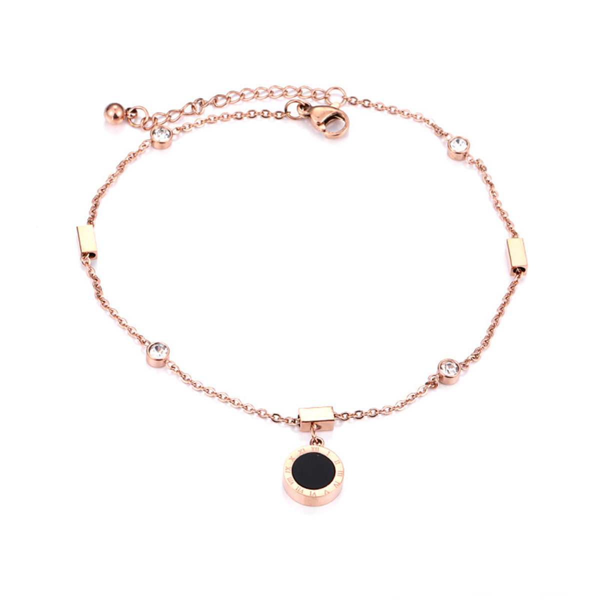 18K Rose Gold-Plated Roman Numeral Charm Anklet, rose gold anklet bracelet, elegant gift for her, side view