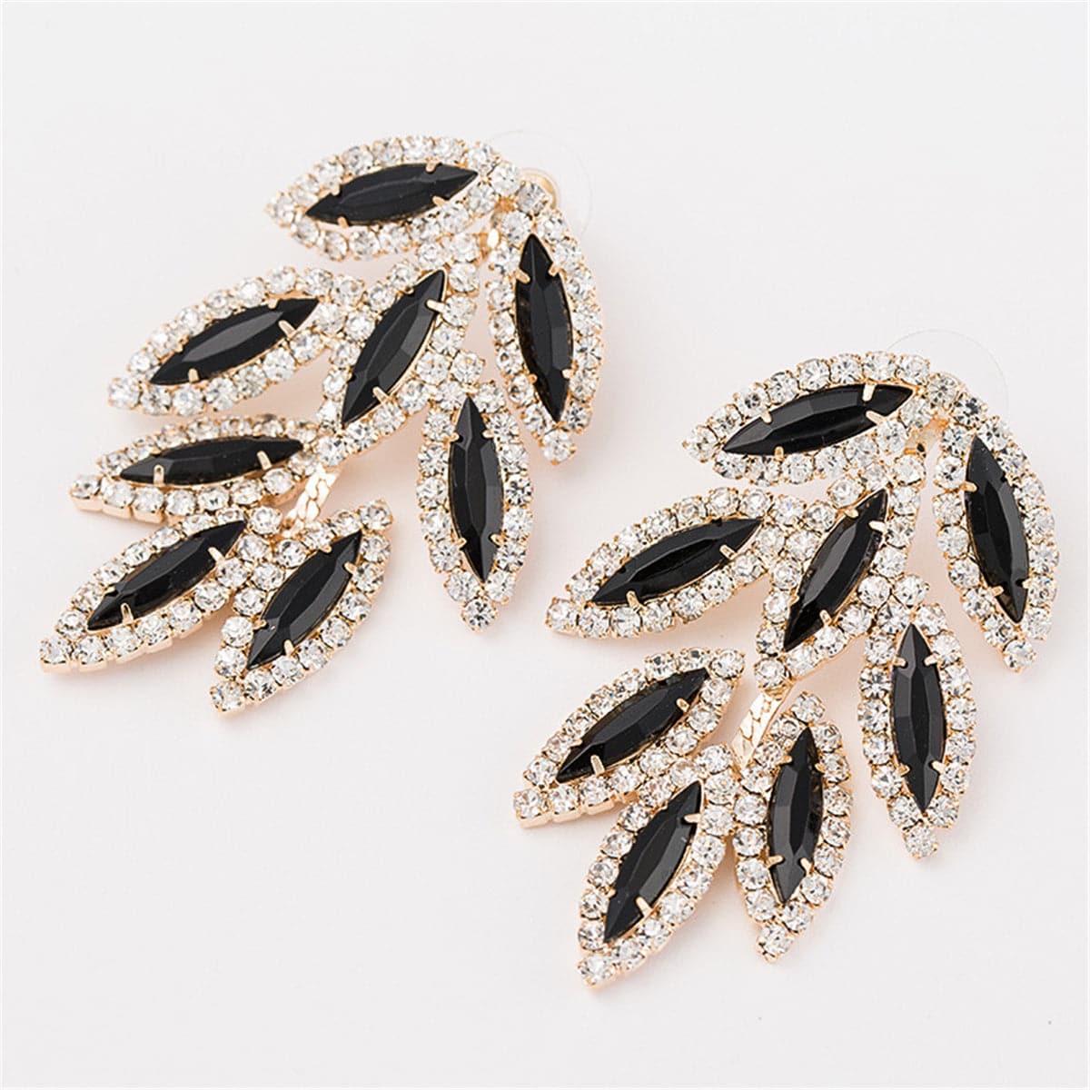 Black & Cubic Zirconia Leaves Drop Earrings