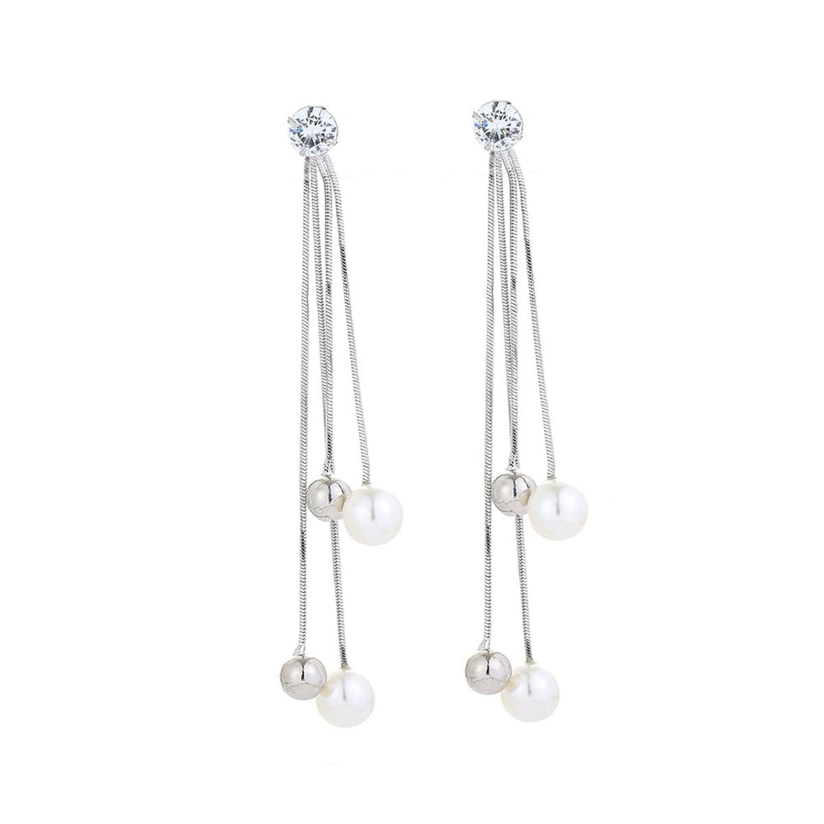 Pearl and Cubic Zirconia Silver-Plated Ball Tassel Drop Earrings, silver drop earrings for women, side view