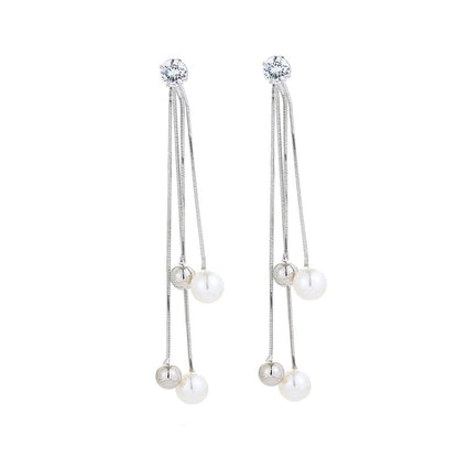 Pearl and Cubic Zirconia Silver-Plated Ball Tassel Drop Earrings, silver drop earrings for women, side view