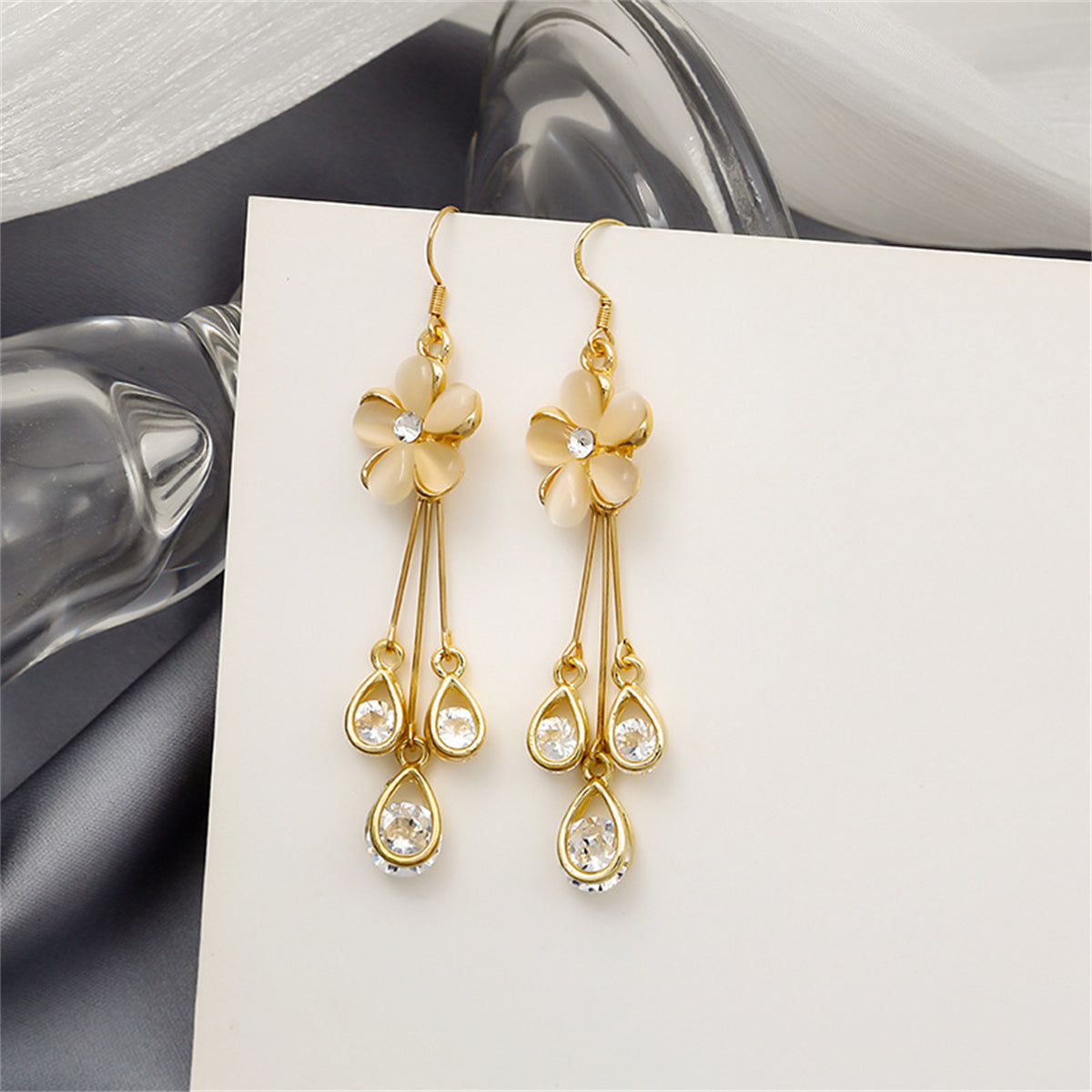 Blush Cateye & Cubic Zirconia 18K Gold-Plated Floral Teardrop Tassel Drop Earrings