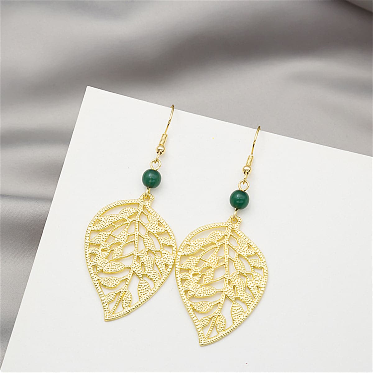 Dark Green Acrylic & 18K Gold-Plated Openwork Leaf Drop Earrings
