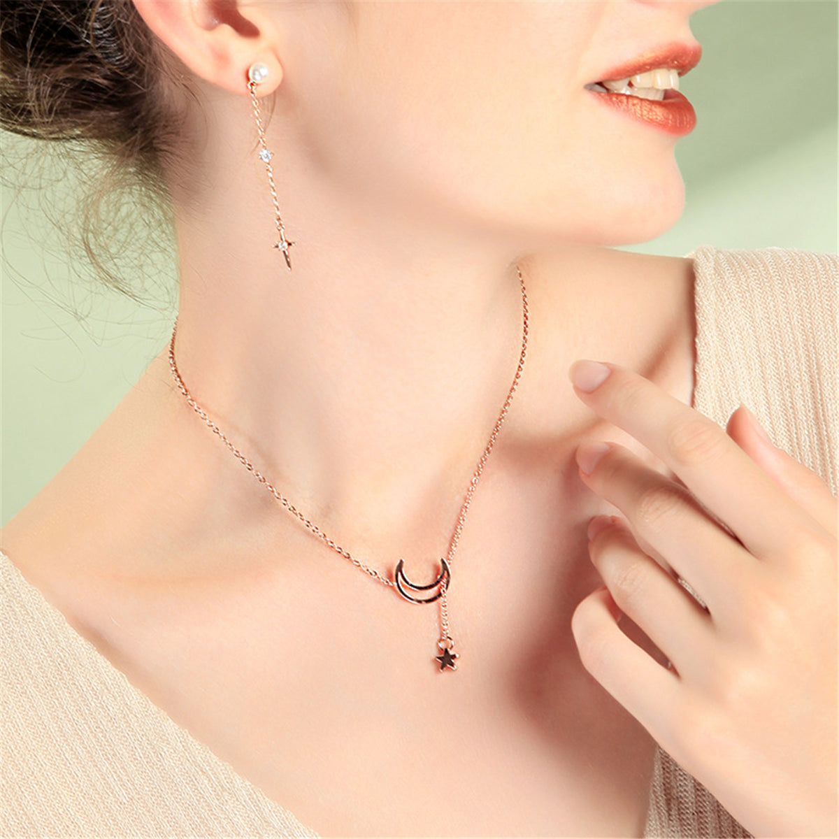 18K Rose Gold-Plated Moon and Star Pendant Necklace, rose gold pendant necklace for women, lifestyle look