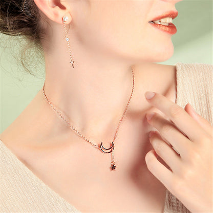 18K Rose Gold-Plated Moon and Star Pendant Necklace, rose gold pendant necklace for women, lifestyle look