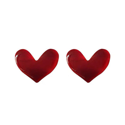 Red Enamel and Silver-Plated Heart Stud Earring, silver stud earrings for women, elegant gift for her, front view