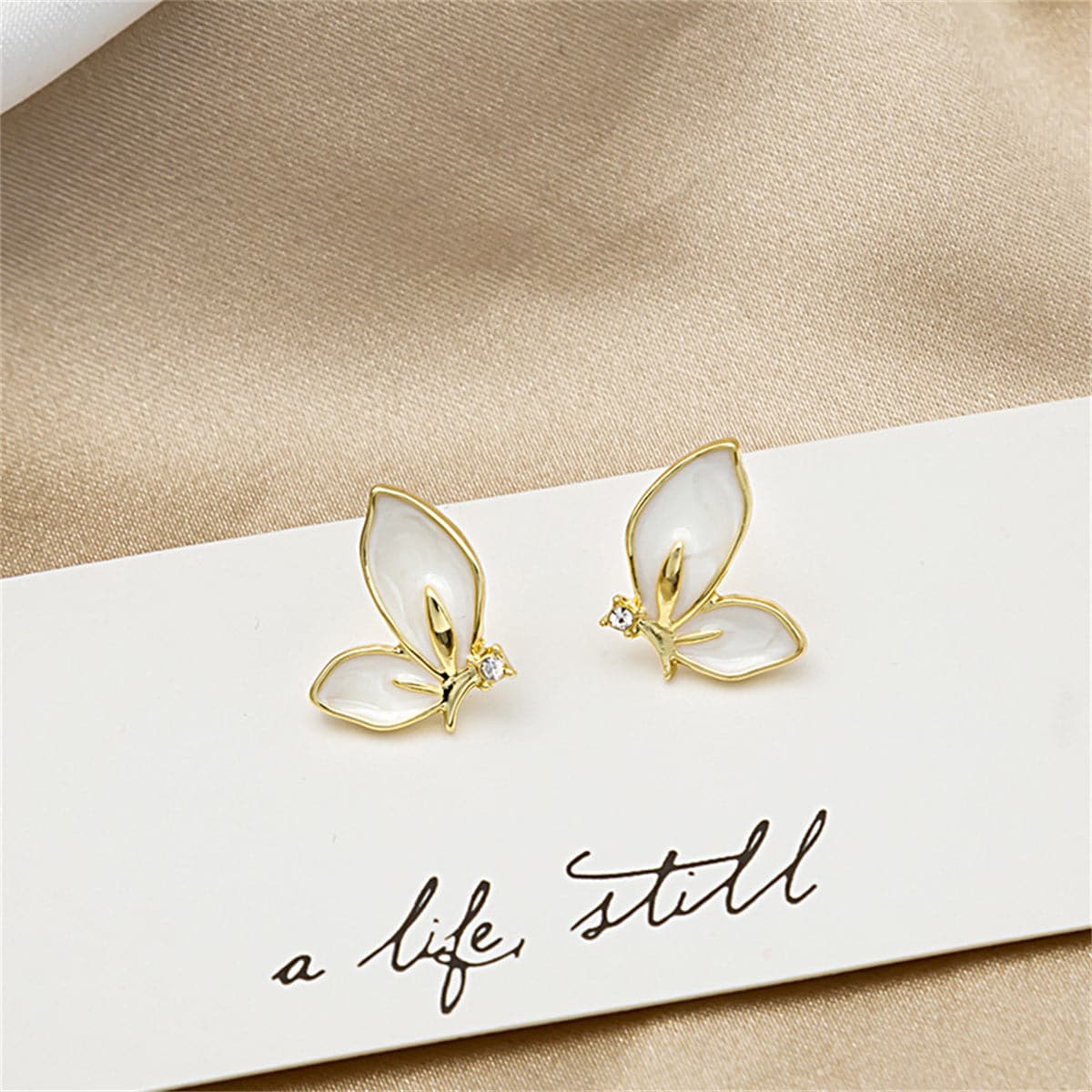 Cubic Zirconia & Enamel 18K Gold-Plated Butterfly Stud Earrings