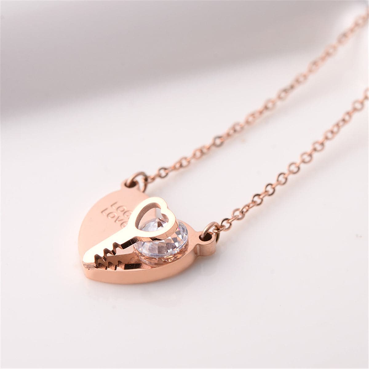 Cubic Zirconia & 18K Rose Gold-Plated Heart & Key Pendant Necklace
