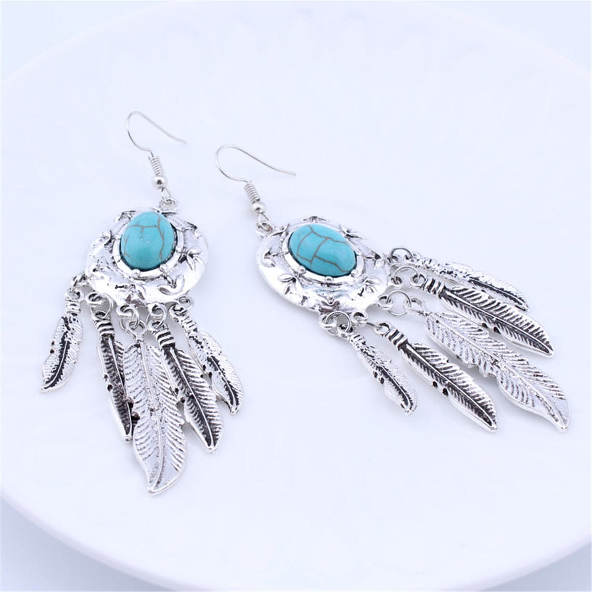 Turquoise & Silver-Plated Feather Drop Earrings