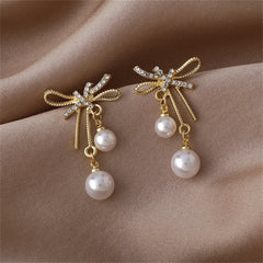 Cubic Zirconia & Pearl 18K Gold-Plated Bow Ribbon Drop Earrings