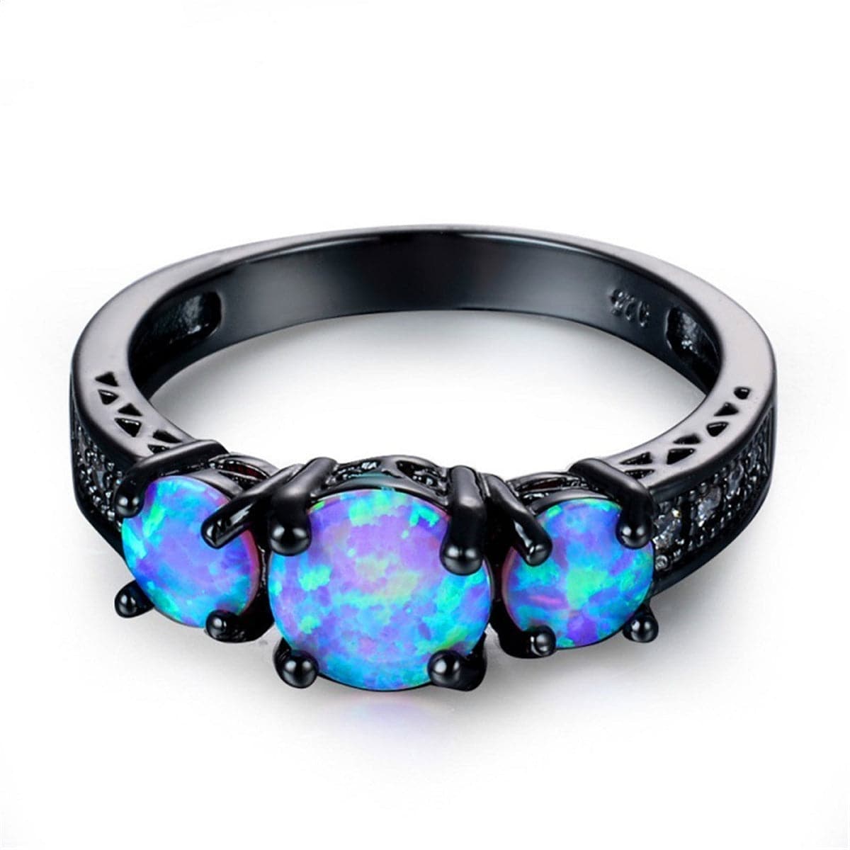 Blue Opal & Black-Plated Tri-Stone Ring - streetregion