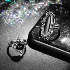 Black Resin & Silver-Plated Lotus Elephant Cross Ring Set