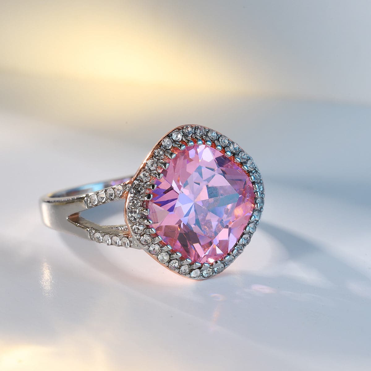 Pink Crystal and Two Tone Cushion-Cut Halo Ring, statement rings for women, botanical inspired, styled look