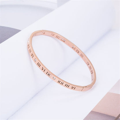 Cubic Zirconia and 18K Rose Gold-Plated Roman Numeral Bangle, rose gold bangle bracelet, everyday style, styled look