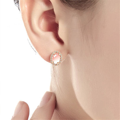 Rose Quartz and Cubic Zirconia Halo Stud Earrings, stud earrings for women, vintage-inspired design, detail close-up