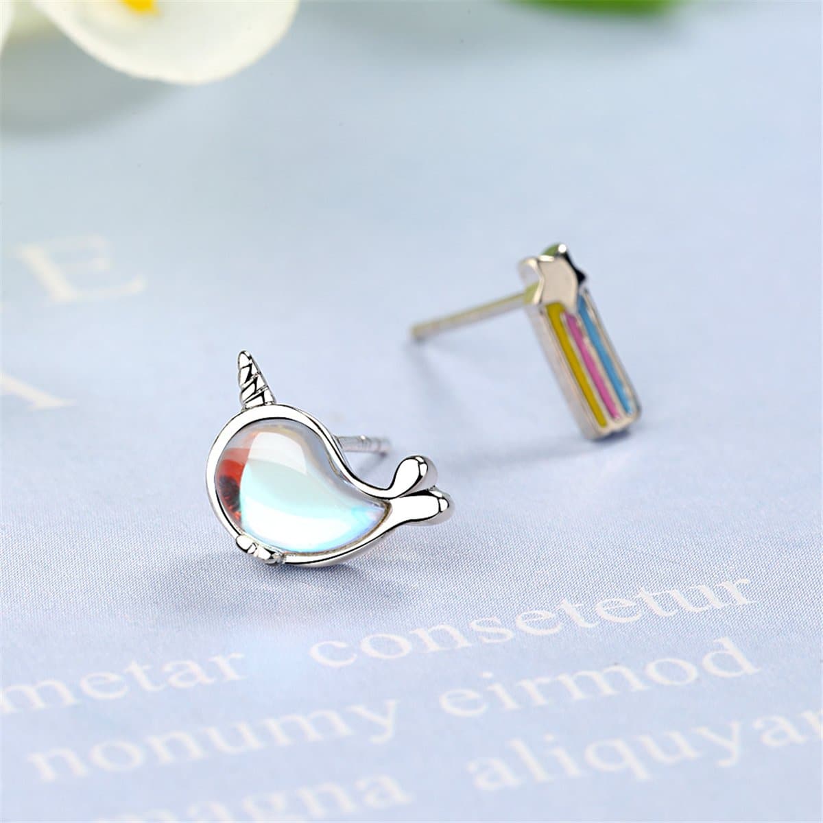 Moonstone & Enamel Silver-Plated Shooting Star & Whale Stud Earrings