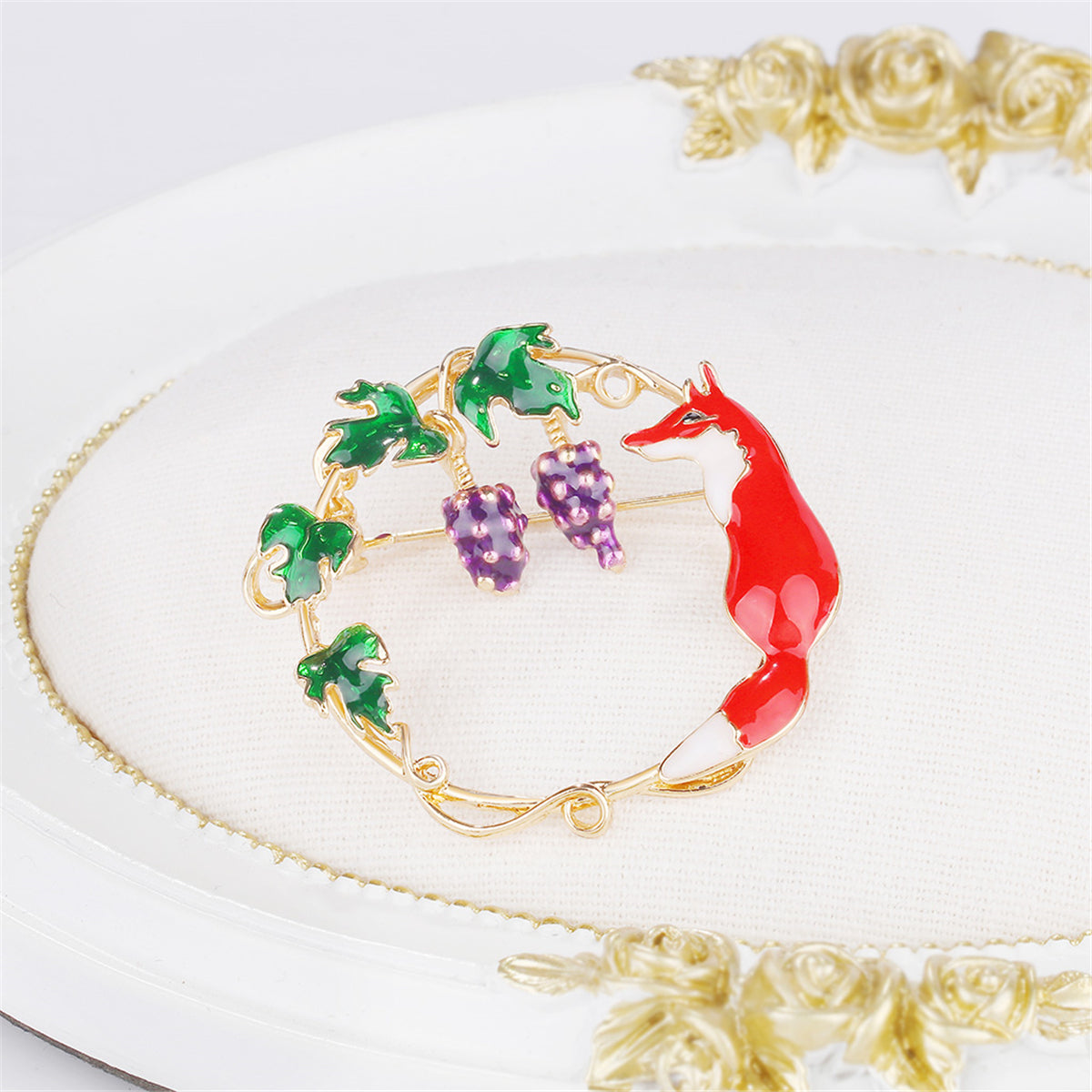 Green Enamel and 18K Gold-Plated Fox Grapevine Brooch, gold brooch pin, dainty minimalist design, front view