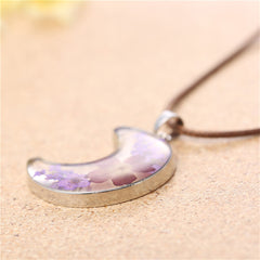 Purple Peach Blossom & Silver-Plated Moon Pendant Necklace