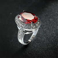 Red Crystal & Silver-Plated Oval Halo Ring
