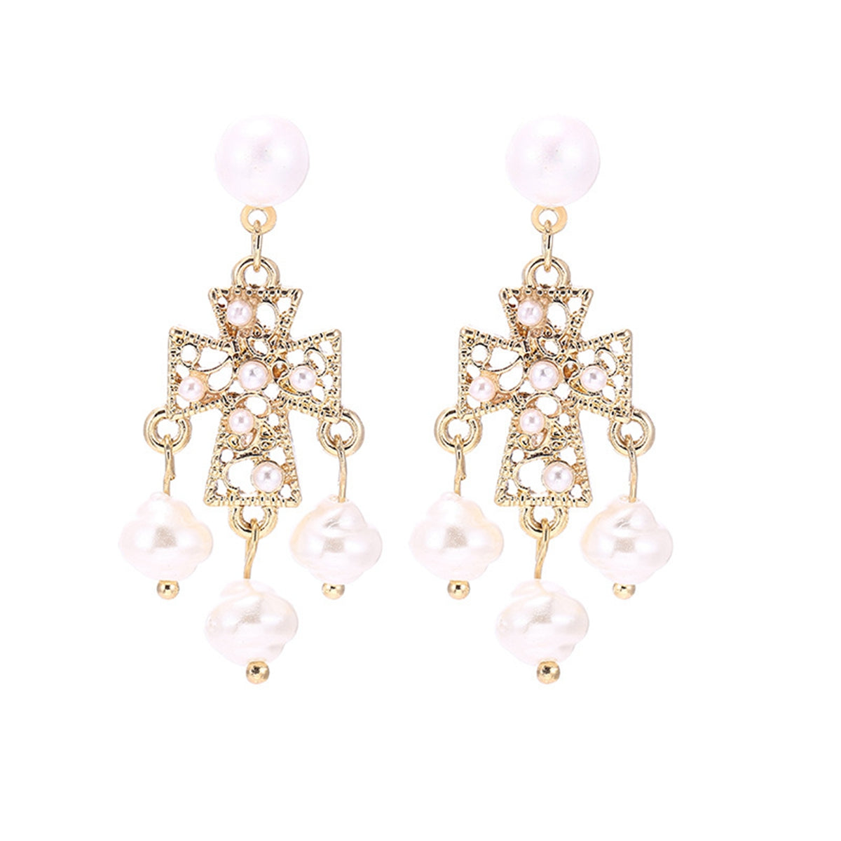 Pearl and 18K Gold-Plated Chandelier Drop Earrings, gold drop earrings for women, elegant gift for her, detail close-up