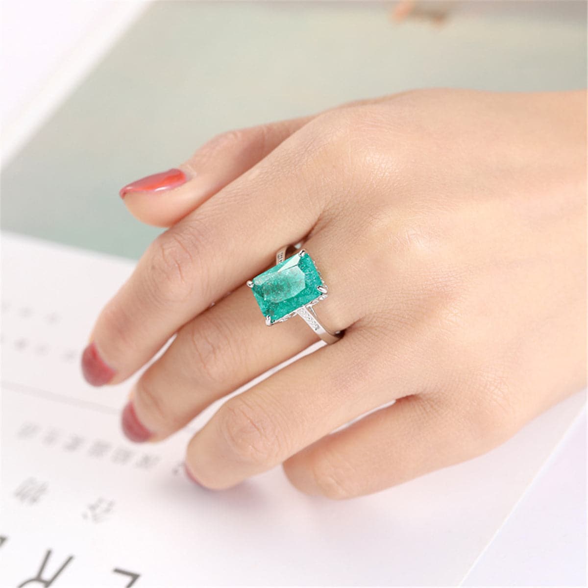 Green Crystal Rectangle Ring