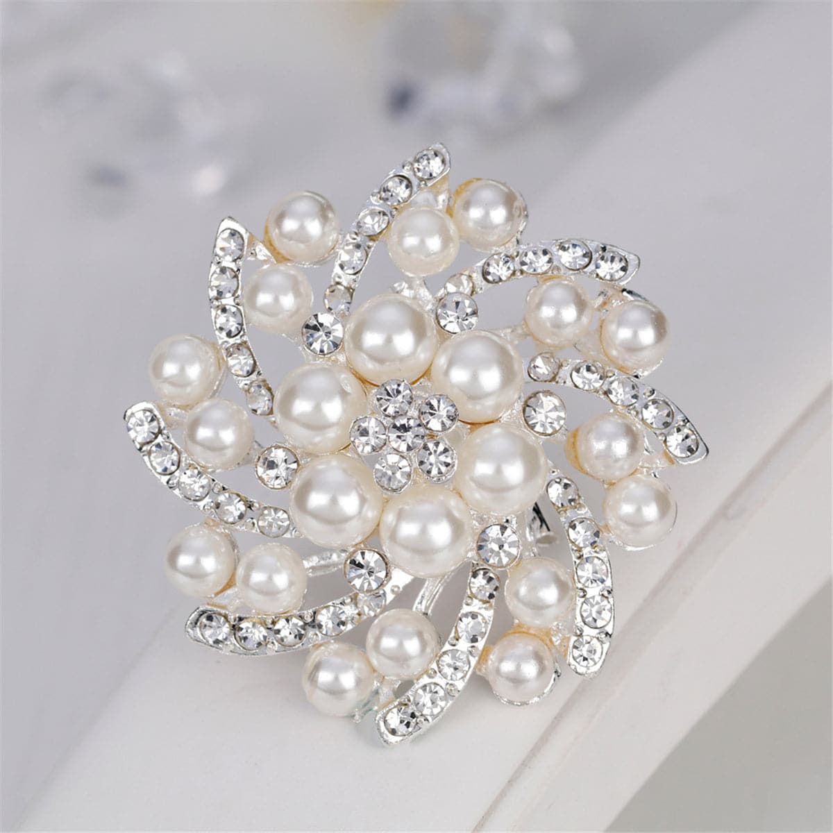 Pearl & Cubic Zirconia Silver-Plated Floral Brooch
