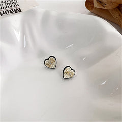 Cubic Zirconia & Beige Enamel Bow Heart Stud Earrings