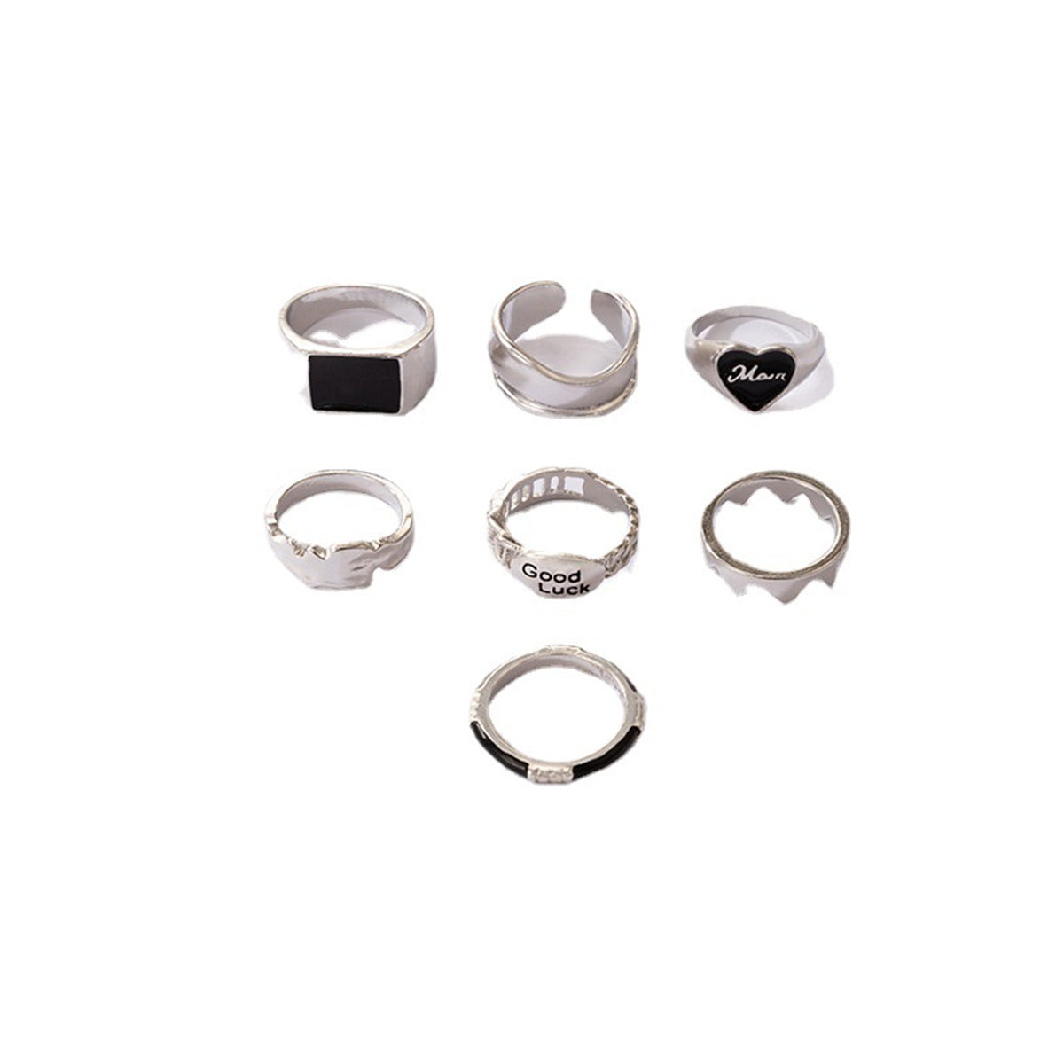Black Enamel & Silver-Plated 'Good Luck' Cutout Ring Set