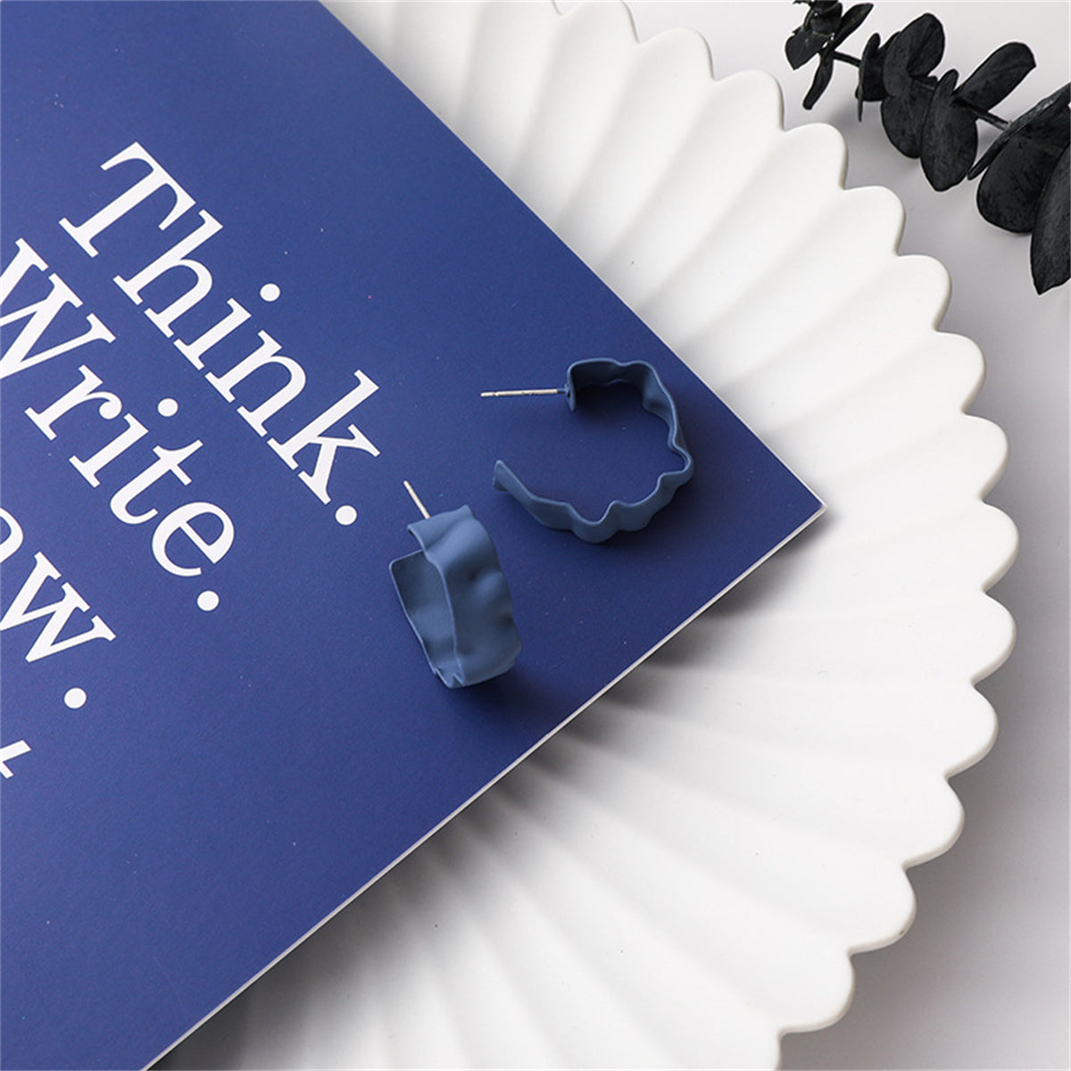 Blue Enamel and Silver-Plated Wave Huggie Earrings, silver huggie earrings, everyday style, lifestyle look