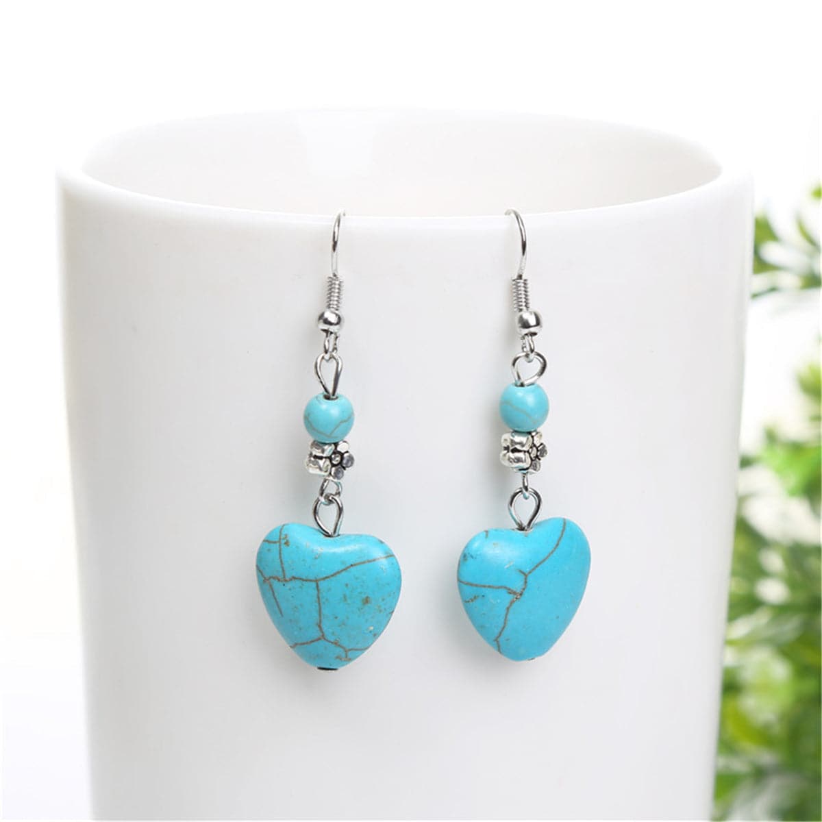Turquoise & Silver-Plated Heart Drop Earrings