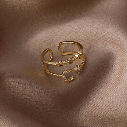 Cubic Zirconia and 18K Gold-Plated Celestial Openwork Bypass Ring, gold statement rings for women, lifestyle look