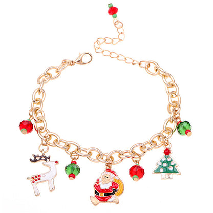Red and Green Cubic Zirconia Santa Reindeer Cable Chain Charm Bracelet, bracelet for women, everyday style, front view