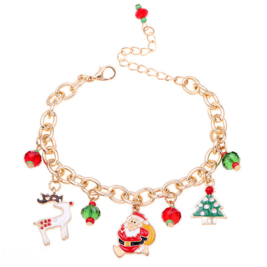 Red and Green Cubic Zirconia Santa Reindeer Cable Chain Charm Bracelet, bracelet for women, everyday style, front view