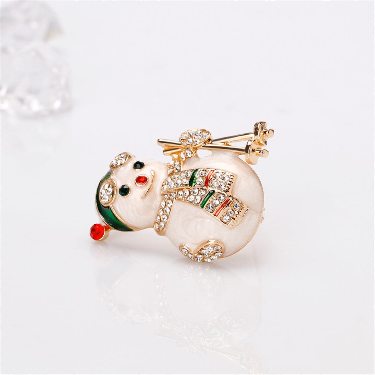 Cubic Zirconia & 18K Gold-Plated Skiing Snowman Brooch