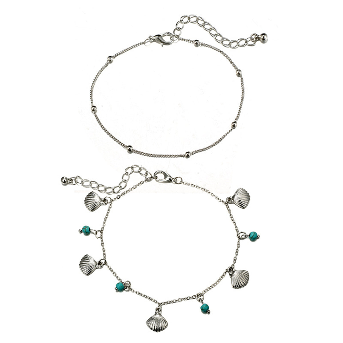 Turquoise & Silver-Plated Shell Station Anklet Set