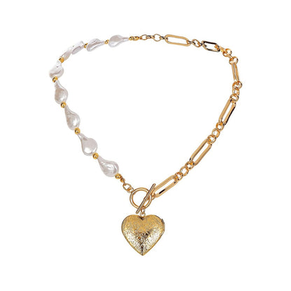 Pearl and 18K Gold-Plated Heart Pendant Necklace, gold pendant necklace for women, everyday style, side view