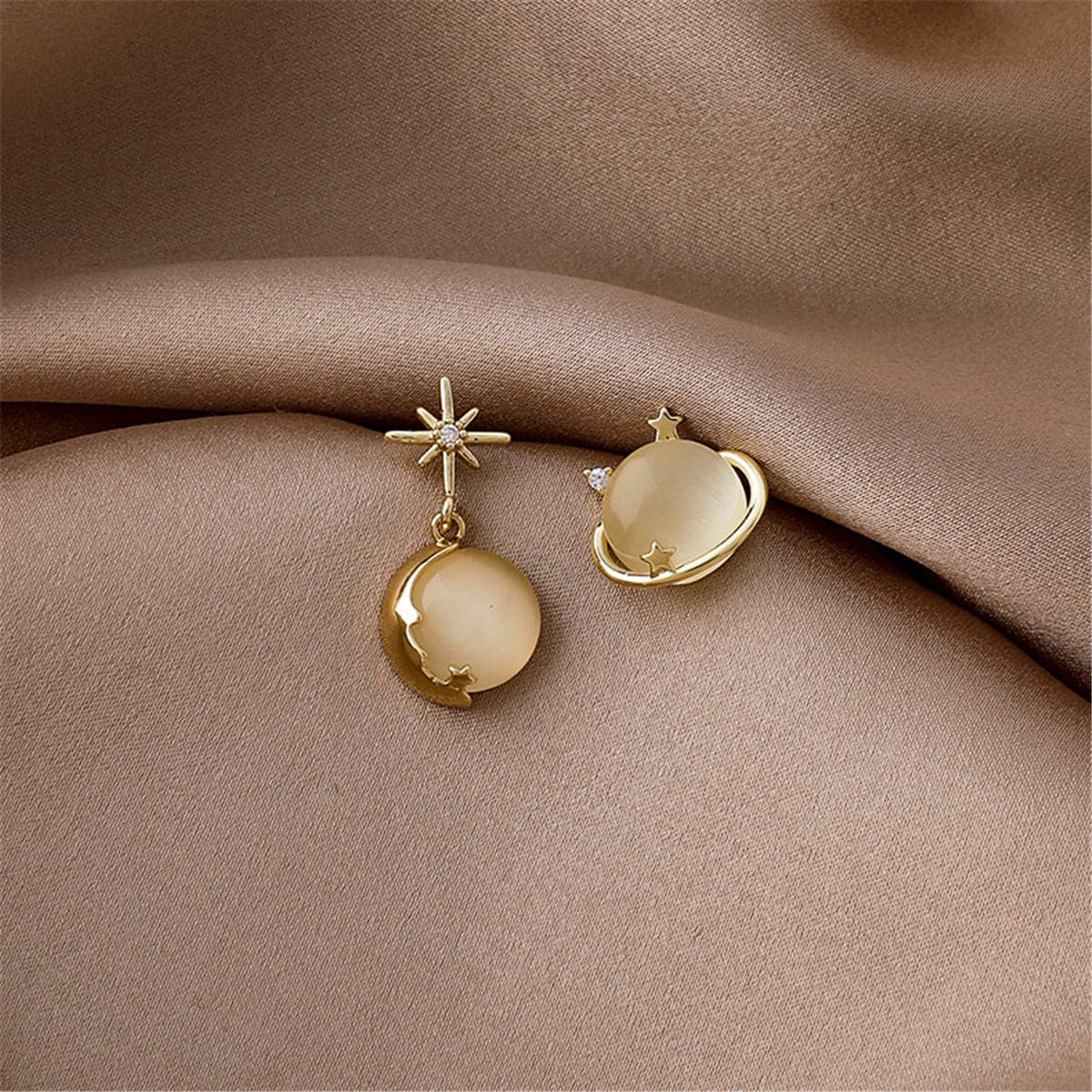 Cat-Eye and 18K Gold-Plated Planet Stud Earring and Moon Drop Earring, gold drop earrings for women, side view