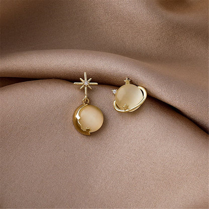 Cat-Eye and 18K Gold-Plated Planet Stud Earring and Moon Drop Earring, gold drop earrings for women, side view