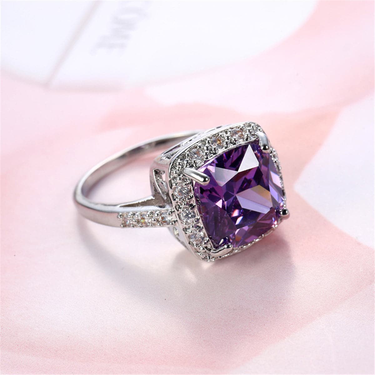 Purple Crystal & Cubic Zirconia Halo Princess-Cut Ring