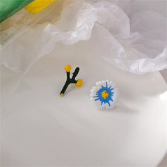 Blue & White Mismatch Flower & Branch Stud Earrings