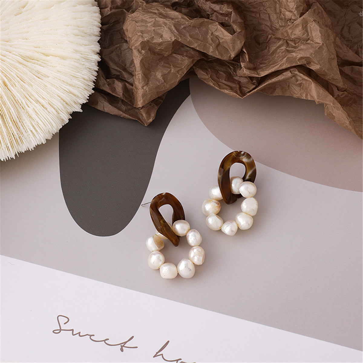 Pearl and Brown Resin Silver-Plated Beaded Drop Earrings, silver drop earrings for women, detail close-up