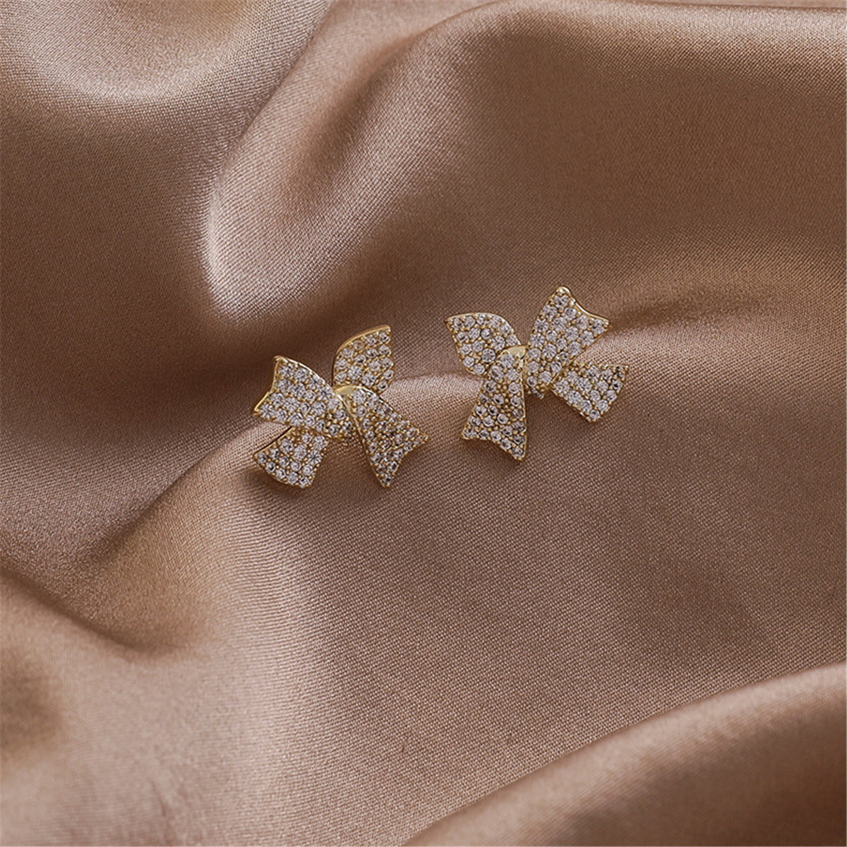 Cubic Zirconia and 18K Gold-Plated Bow Stud Earrings, gold stud earrings for women, elegant gift for her, lifestyle look