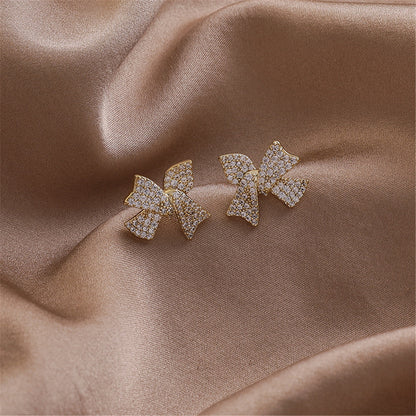 Cubic Zirconia and 18K Gold-Plated Bow Stud Earrings, gold stud earrings for women, elegant gift for her, lifestyle look