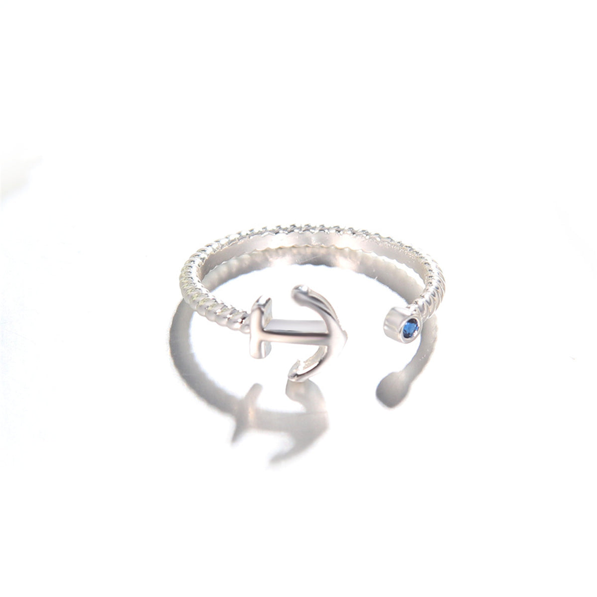 Blue Cubic Zirconia & Silver-Plated Anchor Open Ring