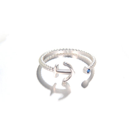Blue Cubic Zirconia and Silver-Plated Anchor Open Ring, silver statement rings for women, styled look