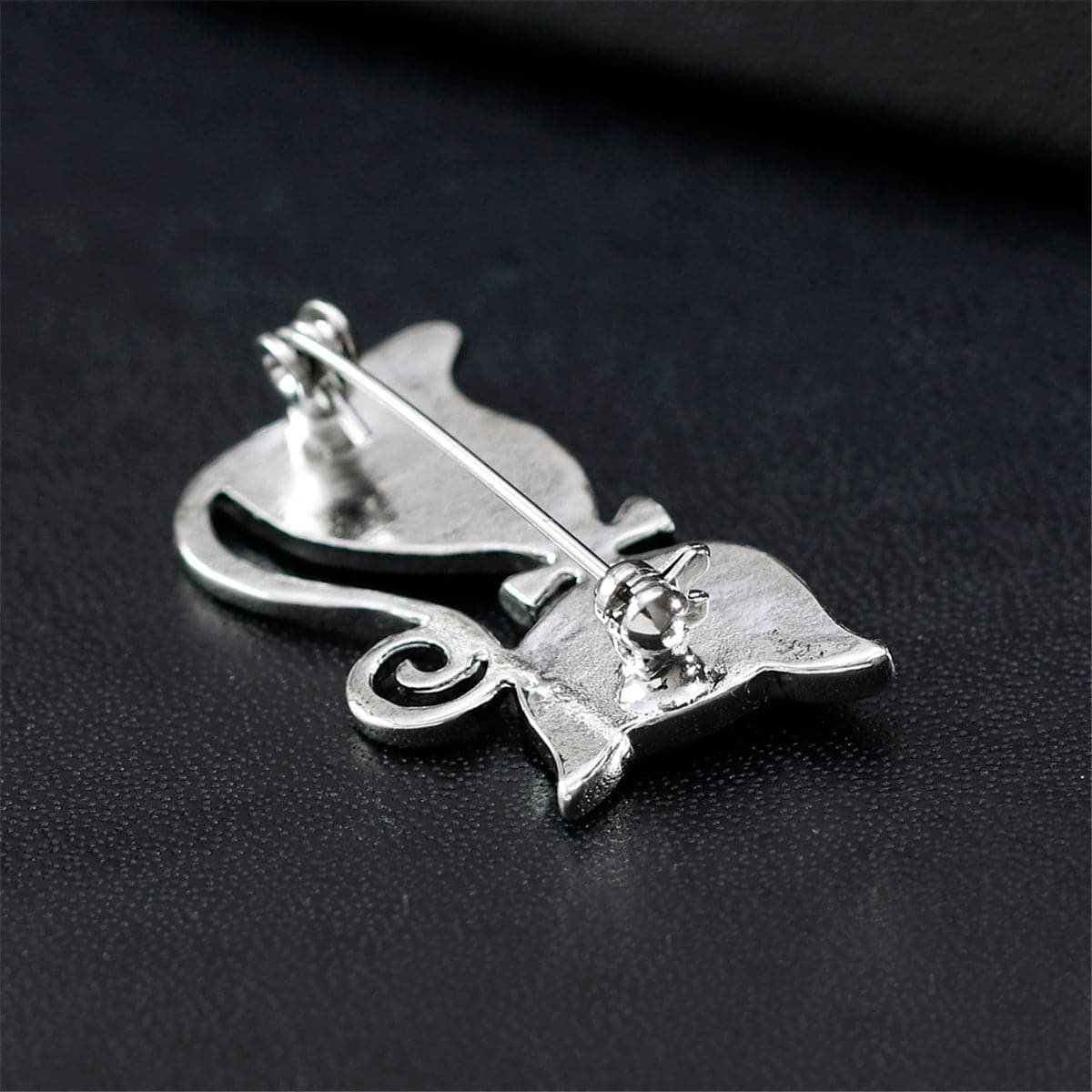 Cubic Zirconia & Black Enamel Silver-Plated Kitty Brooch