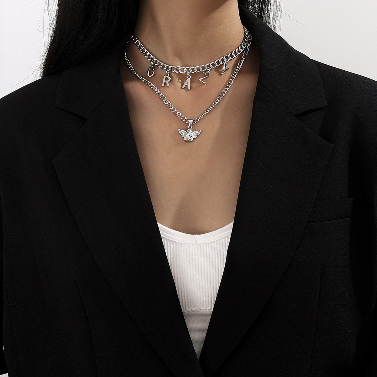 Silver-Plated 'Crazy' Angel Pendant Necklace Set, jewelry gift sets for women, botanical inspired, side view